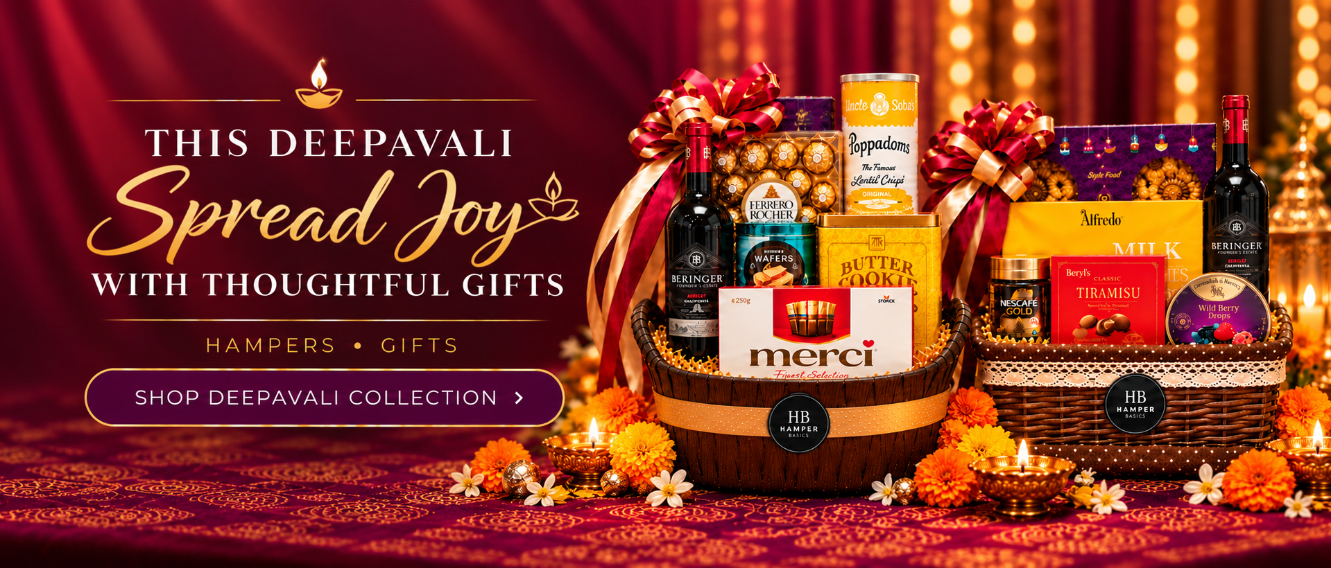 Deepavali hampers with wine, sparkling juice and festive treats