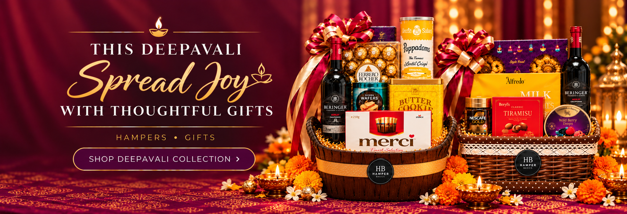 Deepavali hampers with wine, sparkling juice and festive treats