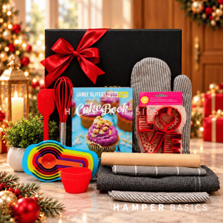 Christmas baking hamper filled with Jamie Oliver's The Cake Book, baking essentials, handy kitchen accessories and a stylish denim apron