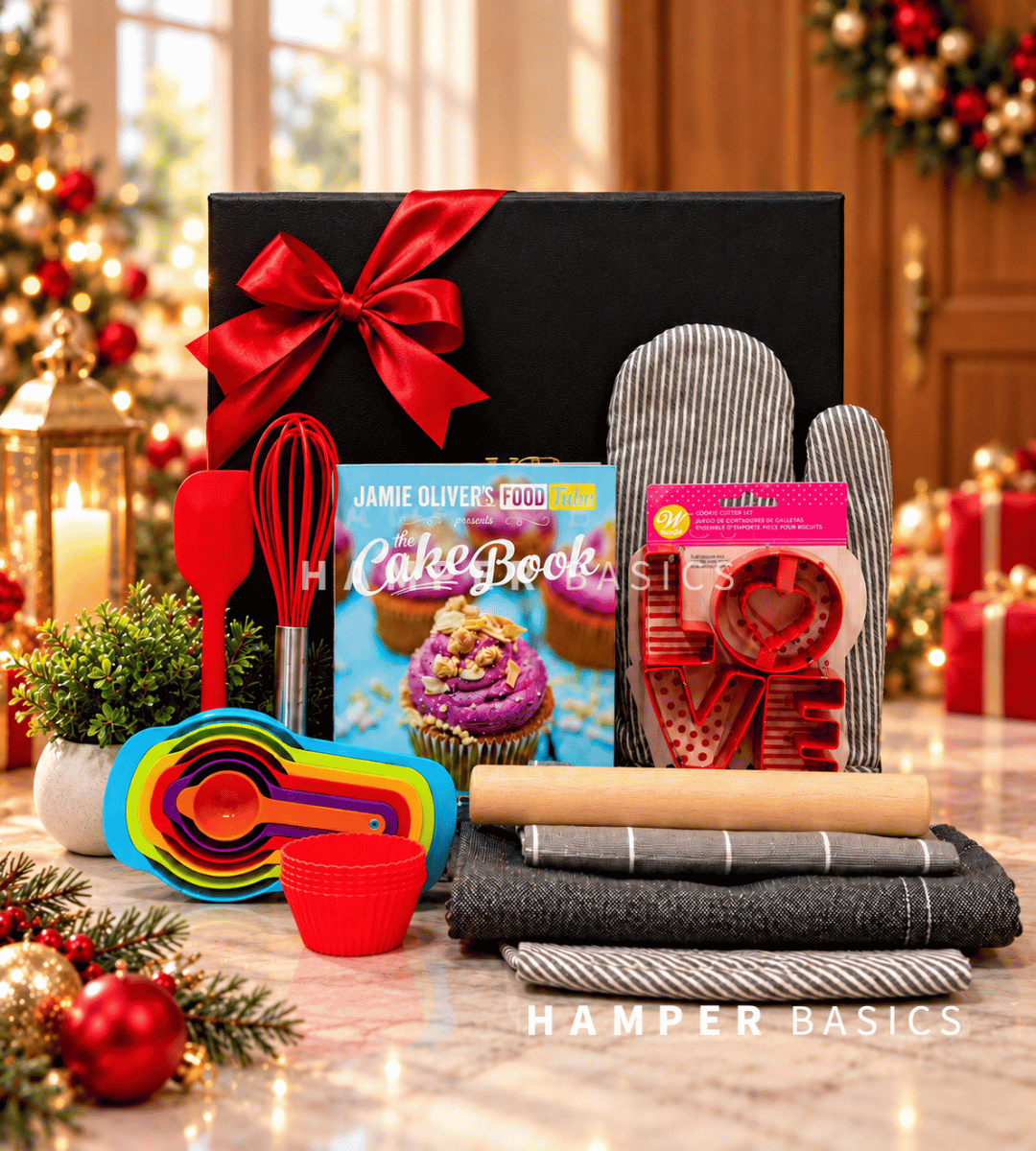 Christmas baking hamper filled with Jamie Oliver's The Cake Book, baking essentials, handy kitchen accessories and a stylish denim apron