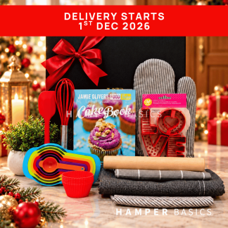 Christmas baking hamper filled with Jamie Oliver's The Cake Book, baking essentials, handy kitchen accessories and a stylish denim apron