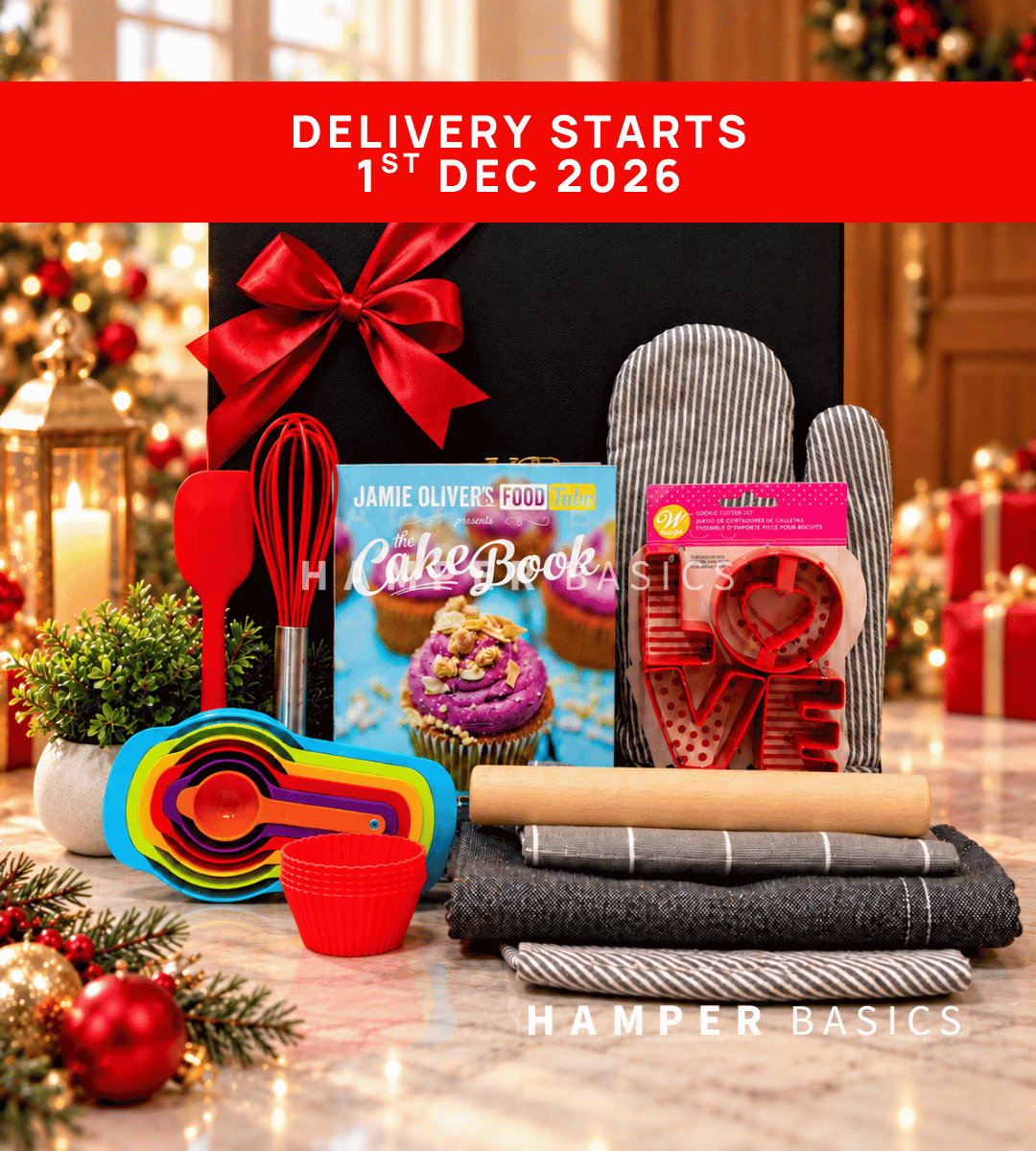 Christmas baking hamper filled with Jamie Oliver's The Cake Book, baking essentials, handy kitchen accessories and a stylish denim apron