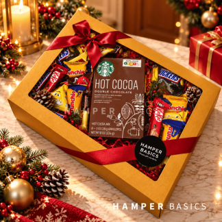 Christmas chocolate hamper with a generous assortment of funsize chocolates and a box of Starbucks hot cocoa