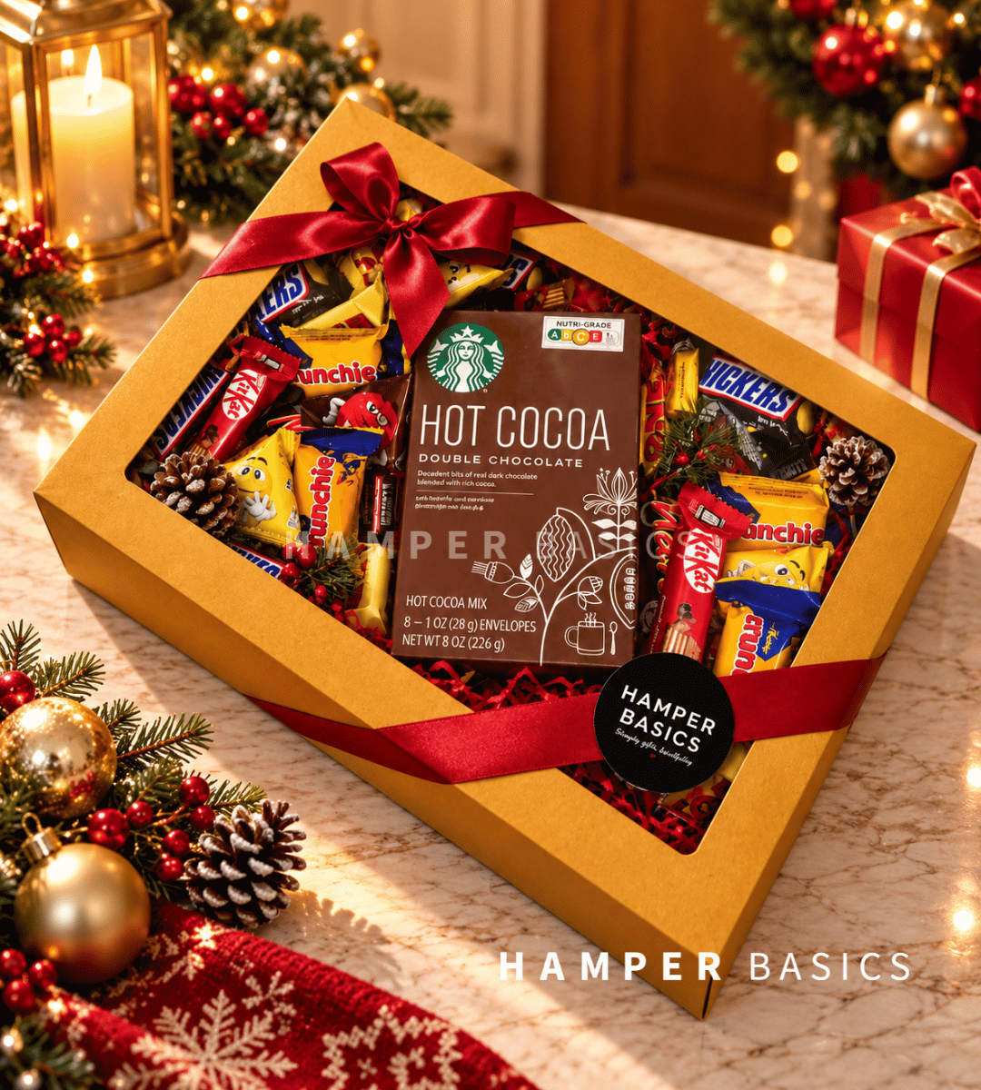 Christmas chocolate hamper with a generous assortment of funsize chocolates and a box of Starbucks hot cocoa