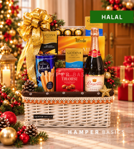 Premium halal Christmas chocolate hamper packed with Godiva, Ferrero Rocher and Alfredo chocolates and sparkling juice