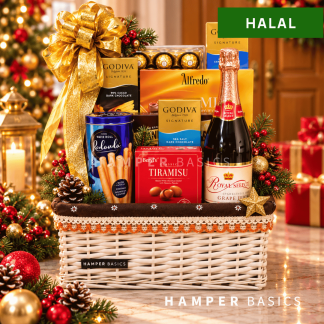 Premium halal Christmas chocolate hamper packed with Godiva, Ferrero Rocher and Alfredo chocolates and sparkling juice