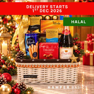 Premium halal Christmas chocolate hamper packed with Godiva, Ferrero Rocher and Alfredo chocolates and sparkling juice
