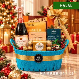 Halal Christmas hamper packed with halal-certified premium snacks, chocolates and traditional delights