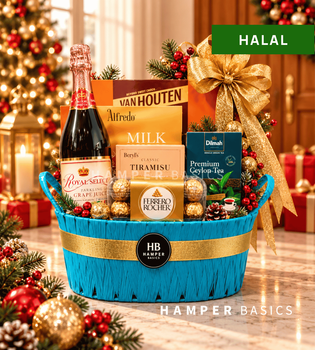 Halal Christmas hamper packed with halal-certified premium snacks, chocolates and traditional delights