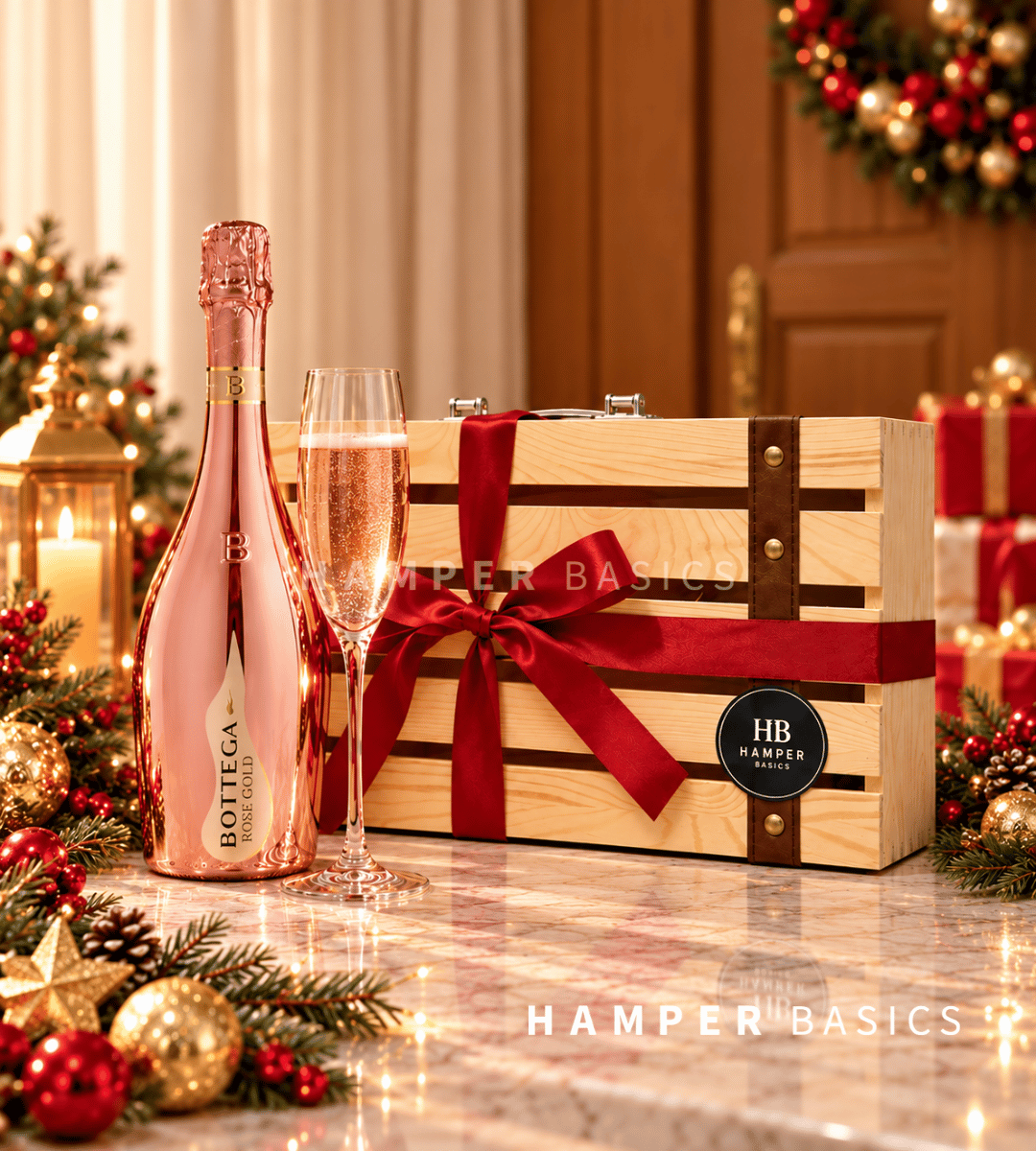 Christmas wine gift with Bottega Rose Gold and flute glass