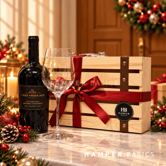Premium Christmas wine gift with Three Finger Jack Cabernet Sauvignon and an elegant wine glass