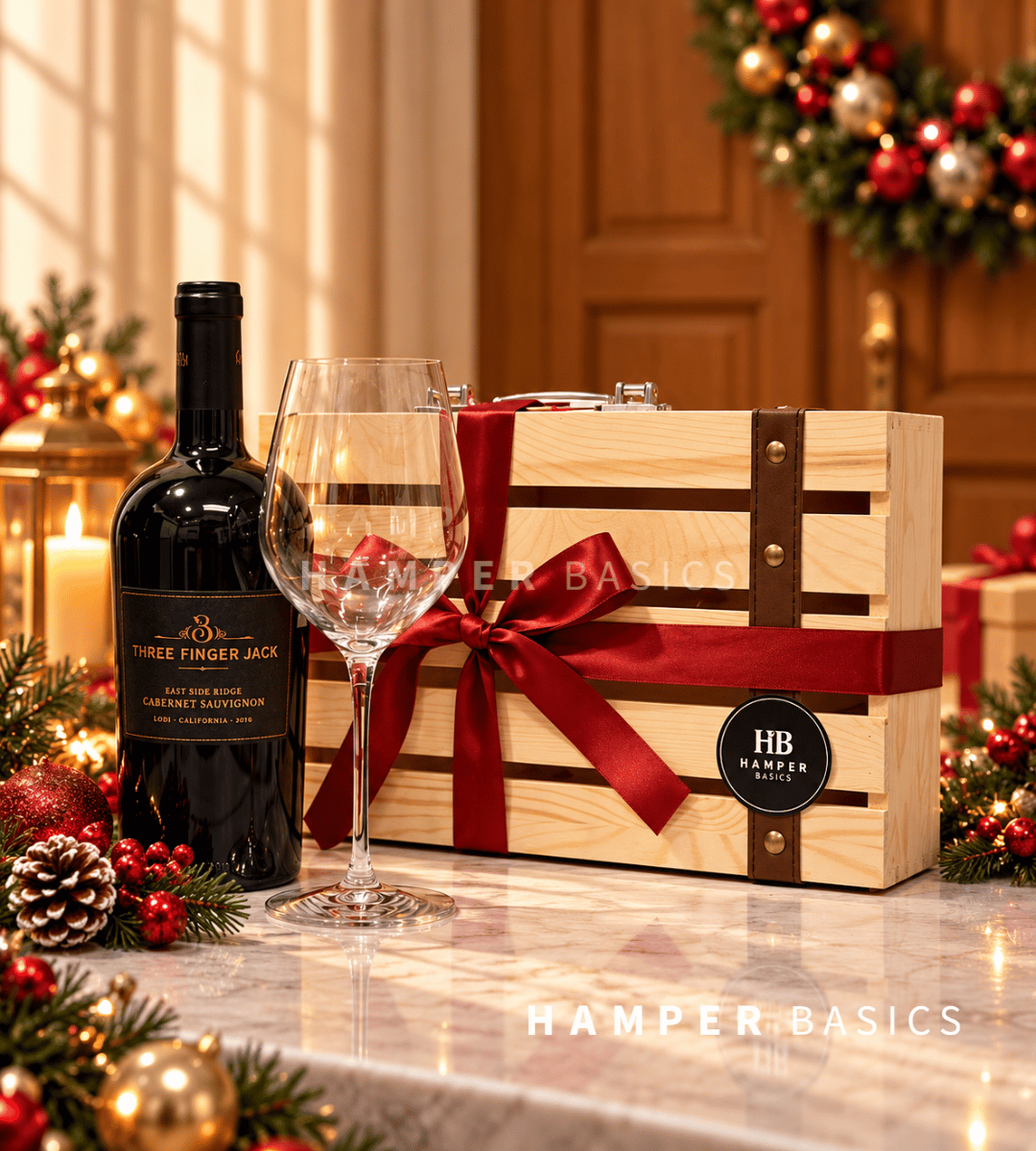 Premium Christmas wine gift with Three Finger Jack Cabernet Sauvignon and an elegant wine glass