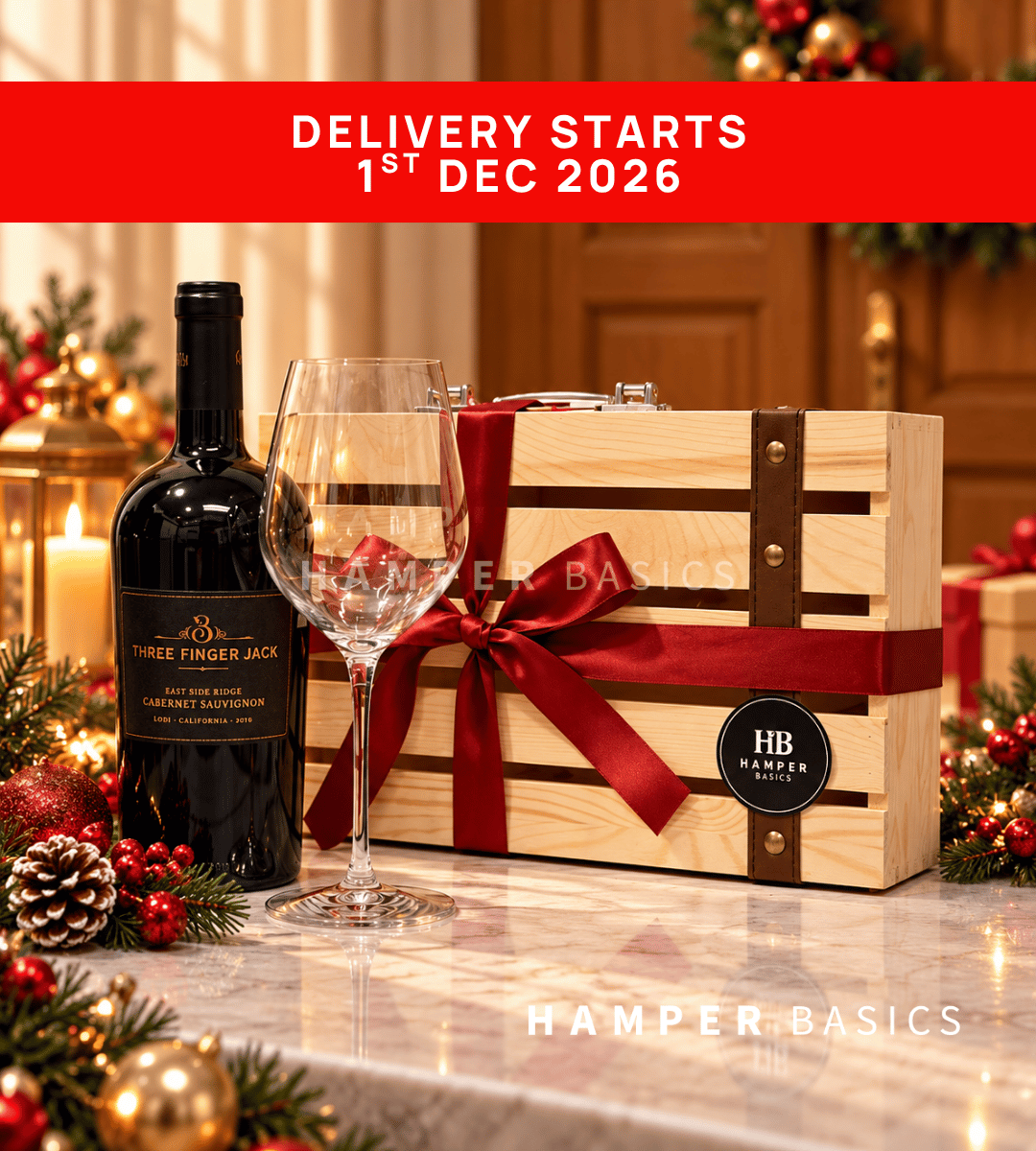 Premium Christmas wine gift with Three Finger Jack Cabernet Sauvignon and an elegant wine glass