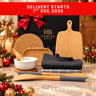Unique Christmas hamper with stylish wooden kitchen essentials, a denim apron, kitchen cloth and cork trivet, all beautifully presented in our signature gift box