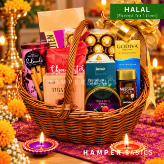 Halal Deepavali hamper with a premium selection of chocolates, sweets, coffee and tea
