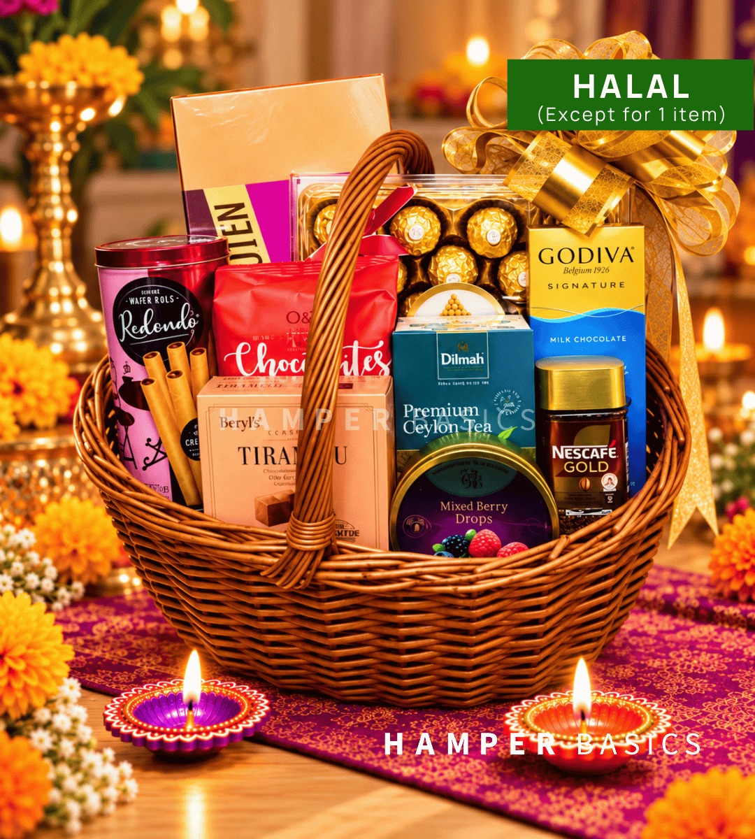 Halal Deepavali hamper with a premium selection of chocolates, sweets, coffee and tea