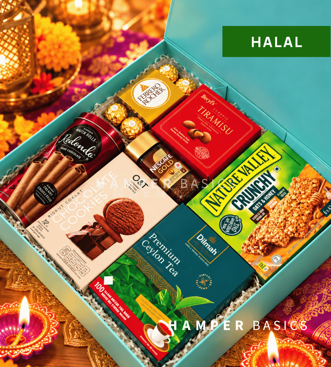 Diwali halal hamper filled with halal-certified goodies