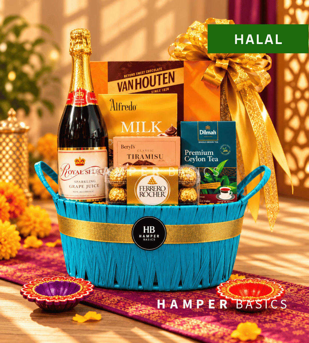 Deepavali halal gift hamper filled with delightful halal-certified snacks, sweets and traditional treats