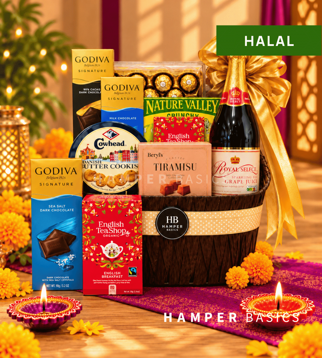 Halal Diwali food hamper packed with halal-certified gourmet treats