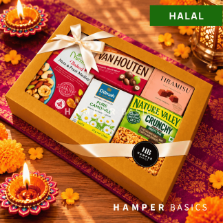Deepavali halal snack box filled with tea, chocolates, nuts, fruits and crunchy granola bars