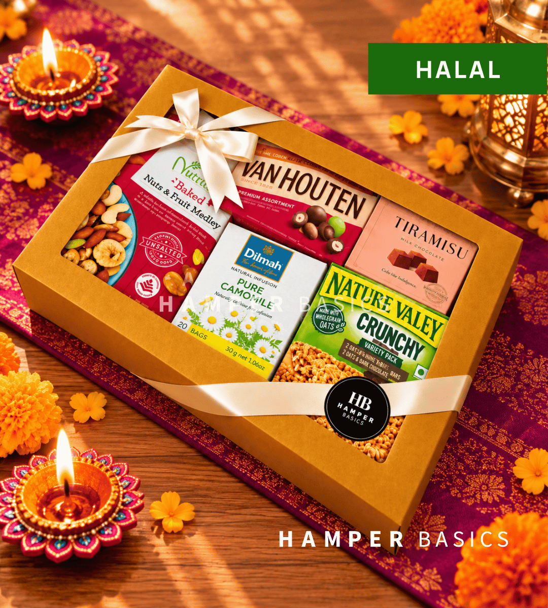 Deepavali halal snack box filled with tea, chocolates, nuts, fruits and crunchy granola bars